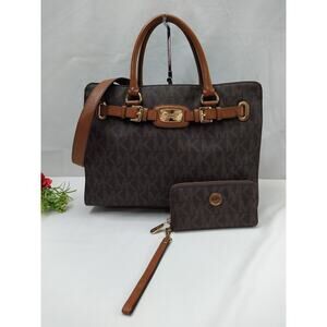 Michael Kors Hamilton Brown Leather MK Printed Tote With Matching Wallet